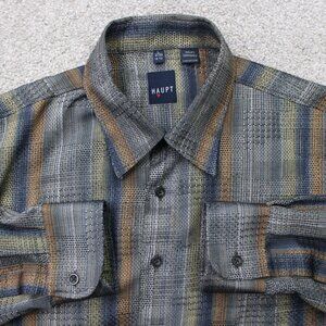 Haupt Shirt Mens 16 1/2, 41/42,  Large Gray/Brown Striped Long Sleeve Button Up